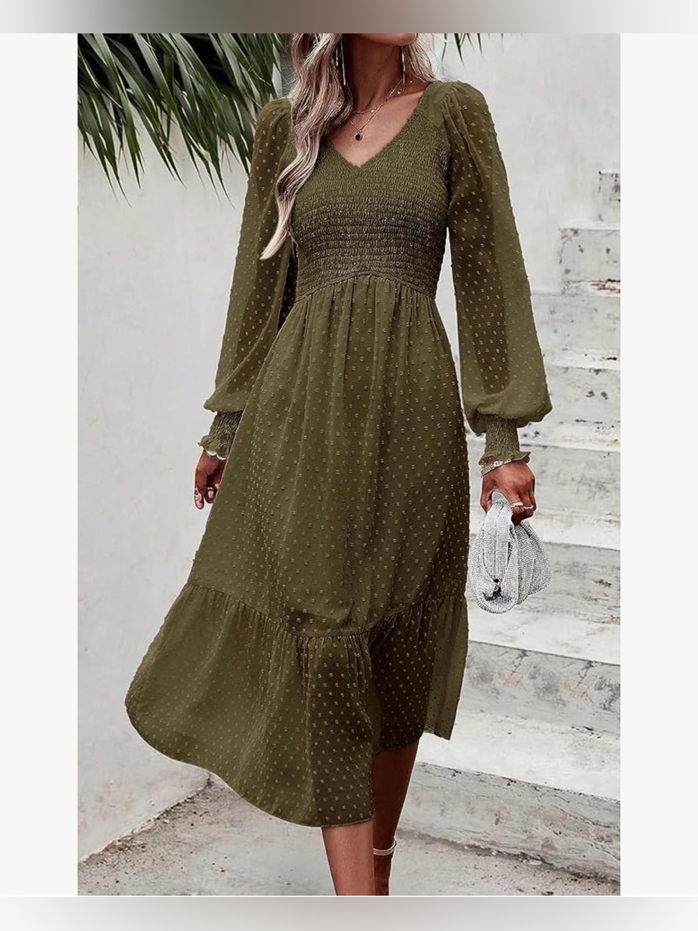 V-Neck Olive Green Long Sleeve Smocked Midi Dress